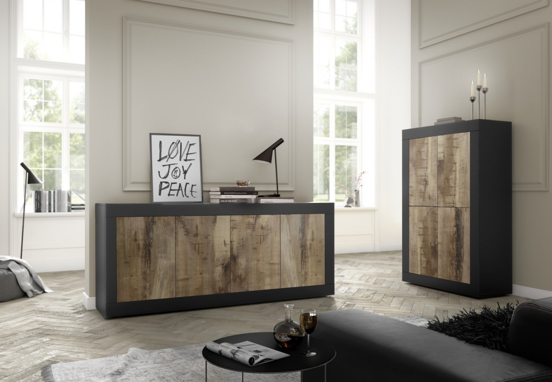 Komoda s 4 vrata u crnoj i hrast boji BASIC 208015-08P