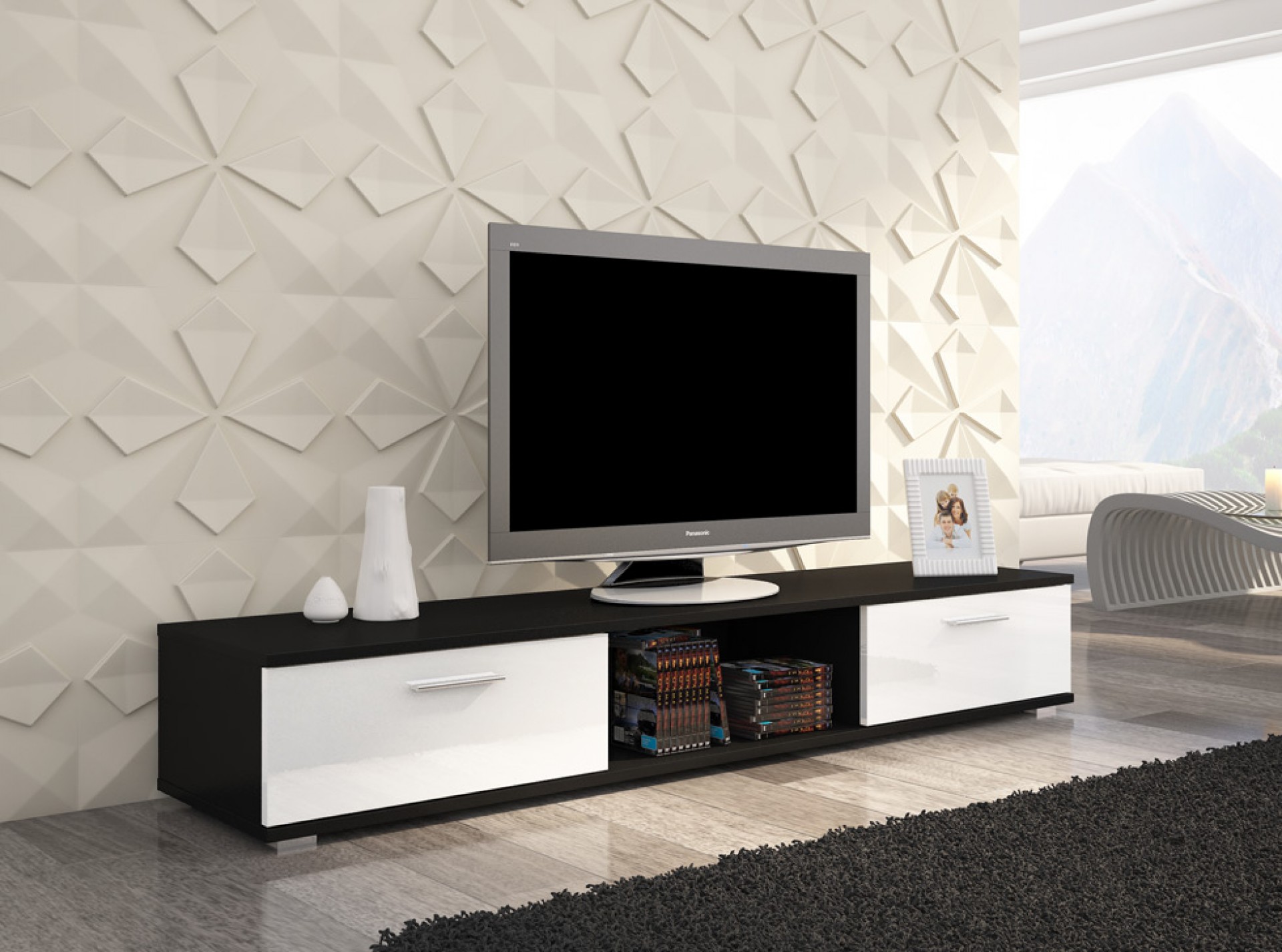 TV regal SELLA-Crna/bijela, visoki sjaj