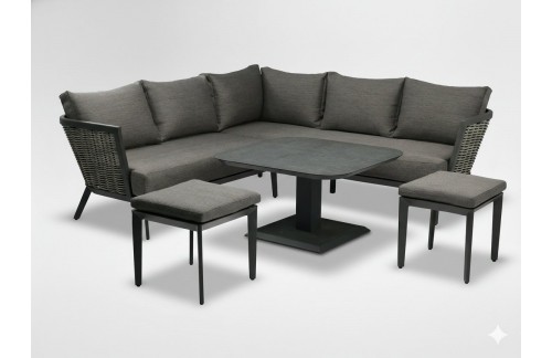 Aluminijast vrtni set Talin (siva; kotni kavč, 2 tabureja i stolić)