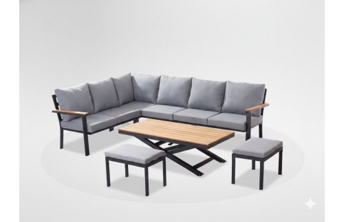 Aluminijski vrtni set Lezar s tikovino (kotni kavč, stol i 2 tabureja, antracit)