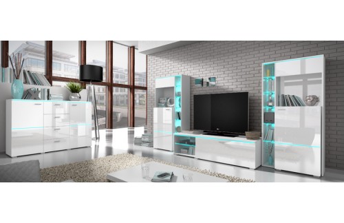 Dnevni boravak Anton (bijela, visoki sjaj)-Veliki set-rasvjeta-komoda