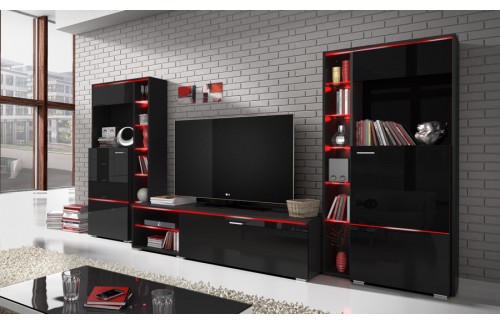 Dnevni boravak Anton (crna, visoki sjaj)-Mali set-s rasvjetom