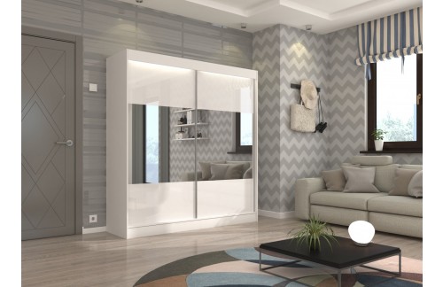 Klizni ormar TAMOS s ogledalom i staklom Lacobel 200 cm - BIJELA-LAKIRANA BIJELA, VISOKI SJAJ