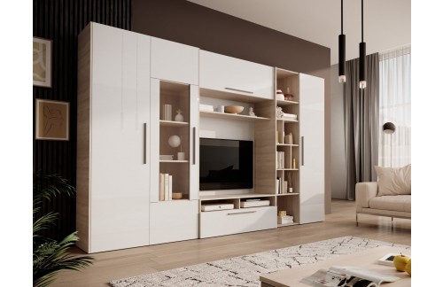 Moderna dnevna kompozicija SMERA s vitrinama i policama - BIJELA (VISOKI SJAJ)-SONOMA HRAST