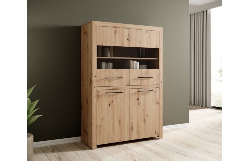 Niska vitrina JANEZ u artisan hrastu sa staklenim vratima - HRAST ARTISAN-CRNA