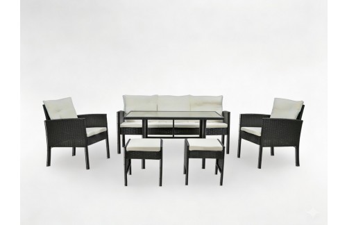Vrtni set od ratana Vaduz s sofom, 2 foteljama, 2 pufoma i stolom (crna/krem)
