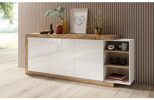 ŠIROKA KOMODA SINTRA - HRAST SAMDAL / BIJELA VISOKI SJAJ