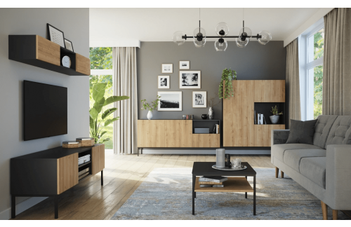 ZIDNA POLICA LANZZI - CRNA MAT/HRAST