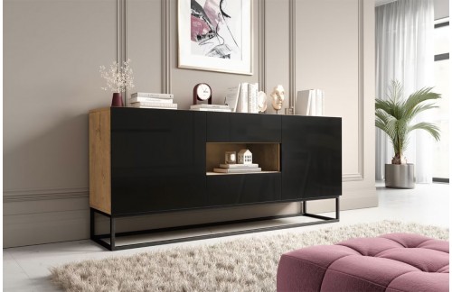 VELIKA KOMODA AVORIO - HRAST/CRNA VISOK SJAJ