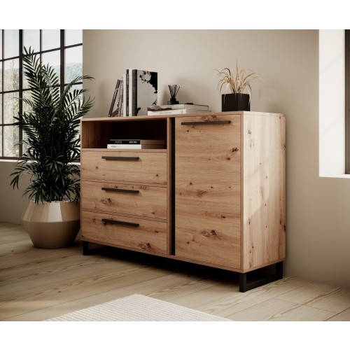 Komoda ARIA s otvorenom policom i crnim detaljima - HRAST ARTISAN-CRNA