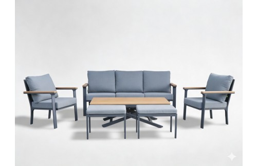 Aluminijski vrtni set Lezor s tikovino (kavč, 2 fotelja, stol i 2 tabureja, antracit)