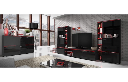 Dnevni boravak Anton (crna, visoki sjaj)-Veliki set-rasvjeta-komoda