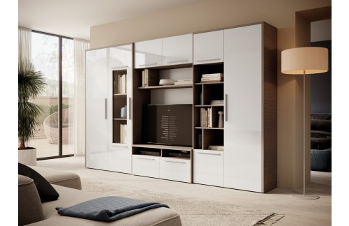 Moderna dnevna kompozicija MARIO s vitrinom i policama - BIJELA (VISOKI SJAJ)-MONT BLANC TAMNA