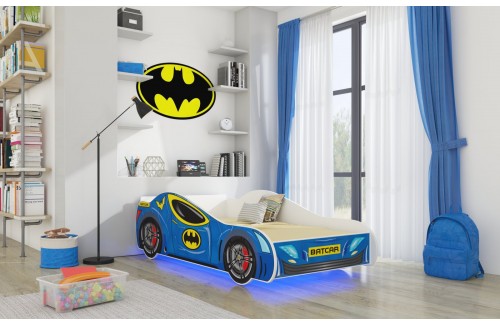 Dječji krevet BATCAR s LED rasvjetom i madracem 160x80 cm - PLAVA