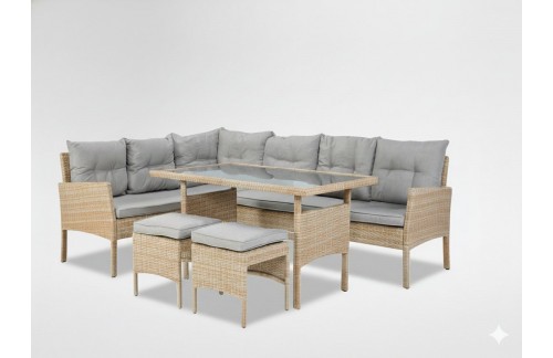 Vrtni set od ratana Berno s kotnim sofom, 2 pufoma i stolom (bež/siva)